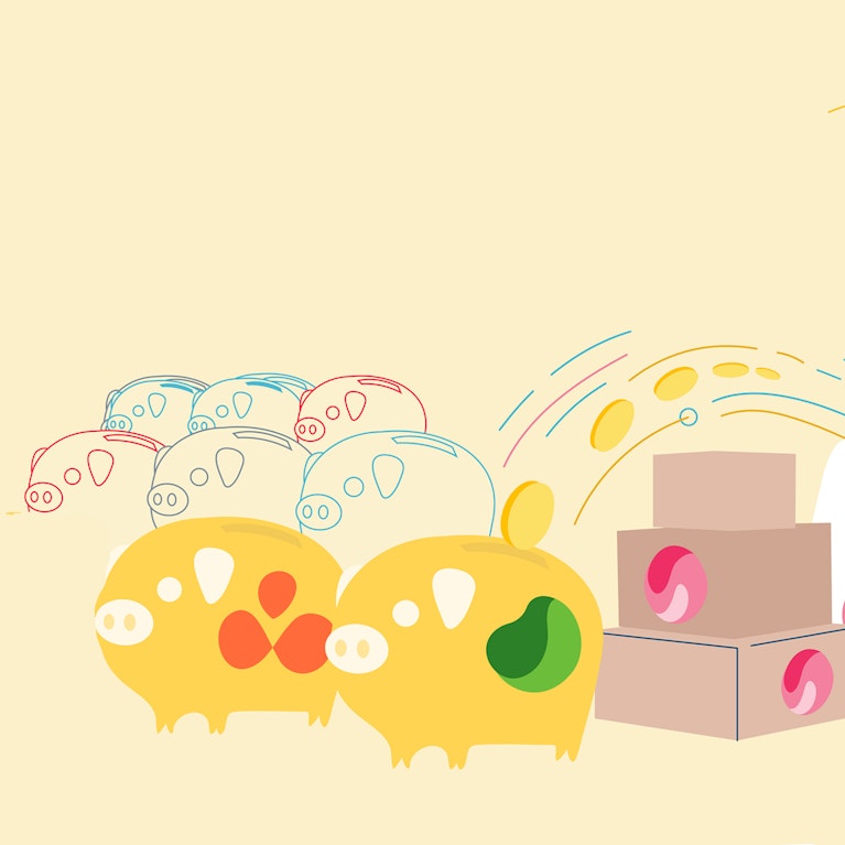 Illustration of delivery van and piggy banks