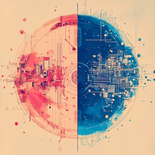 Image displaying the interplay between quantum compute (left) and AI (right)