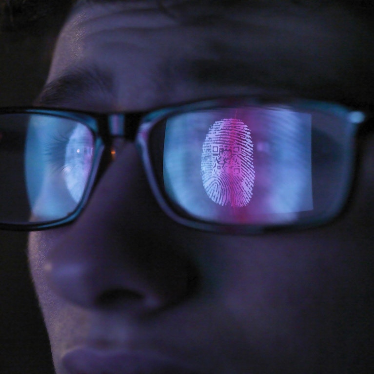 Reflection in glasses of access information being scanned on computer screen, close up of face.