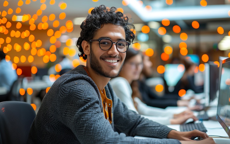 Colleague using desktop computer in office