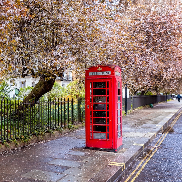 A red telephone booth on a street in London under blossoming trees