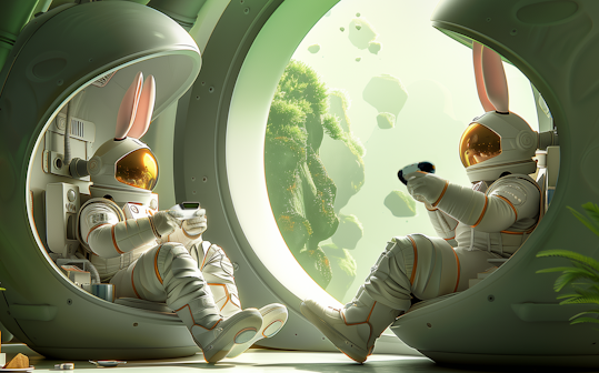 Futuristic gaming characters looking at green landscape