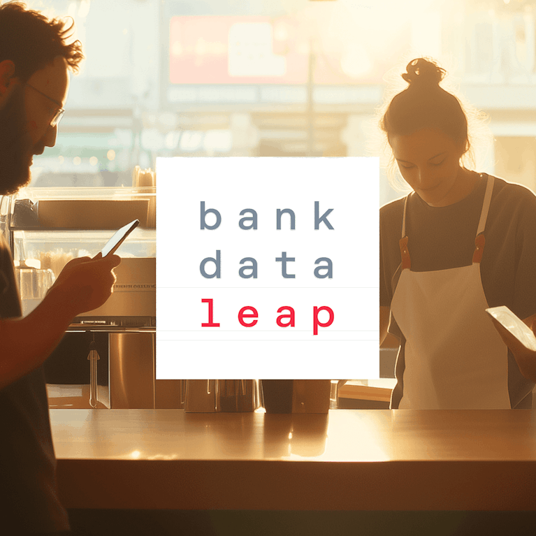 AI generated image of customers paying for coffee in a shop with text "bank data leap" over top