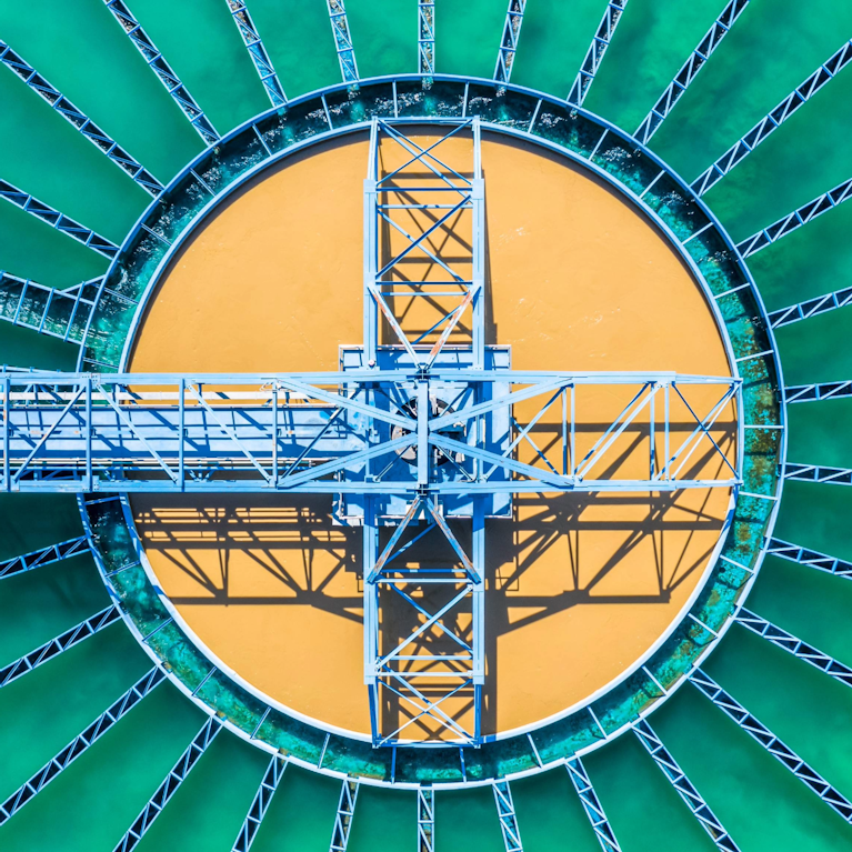 Closeup top shot of a water treatment plant.